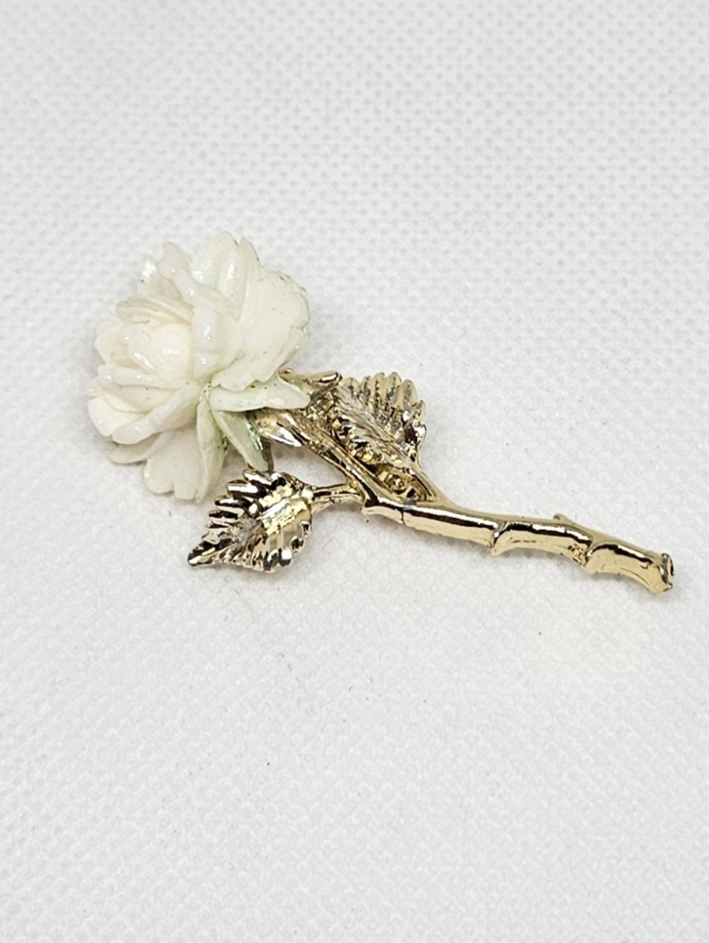 Ivory Rose Brooch Gold Tone Stem Floral Cottagecore Romantic Statement Pin